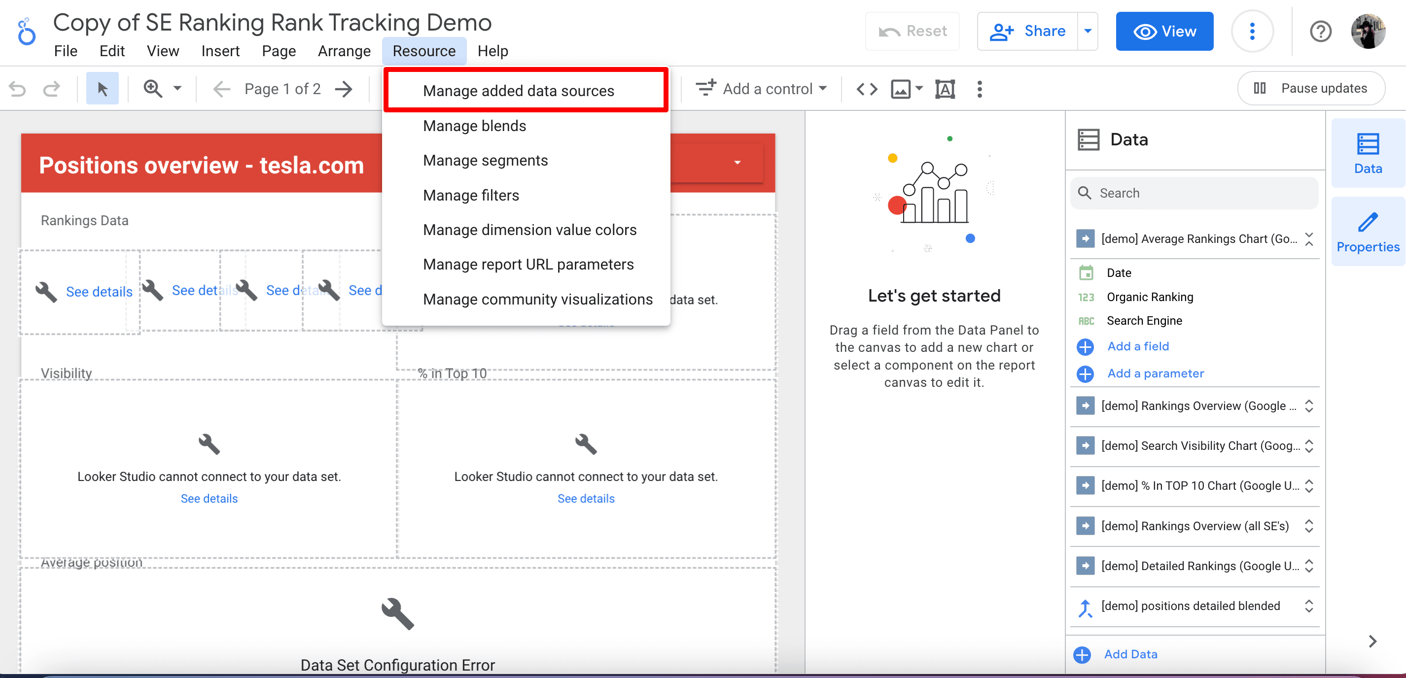 Manage added data sources option in Google Looker Studio Manage added data sources option in Looker Studio