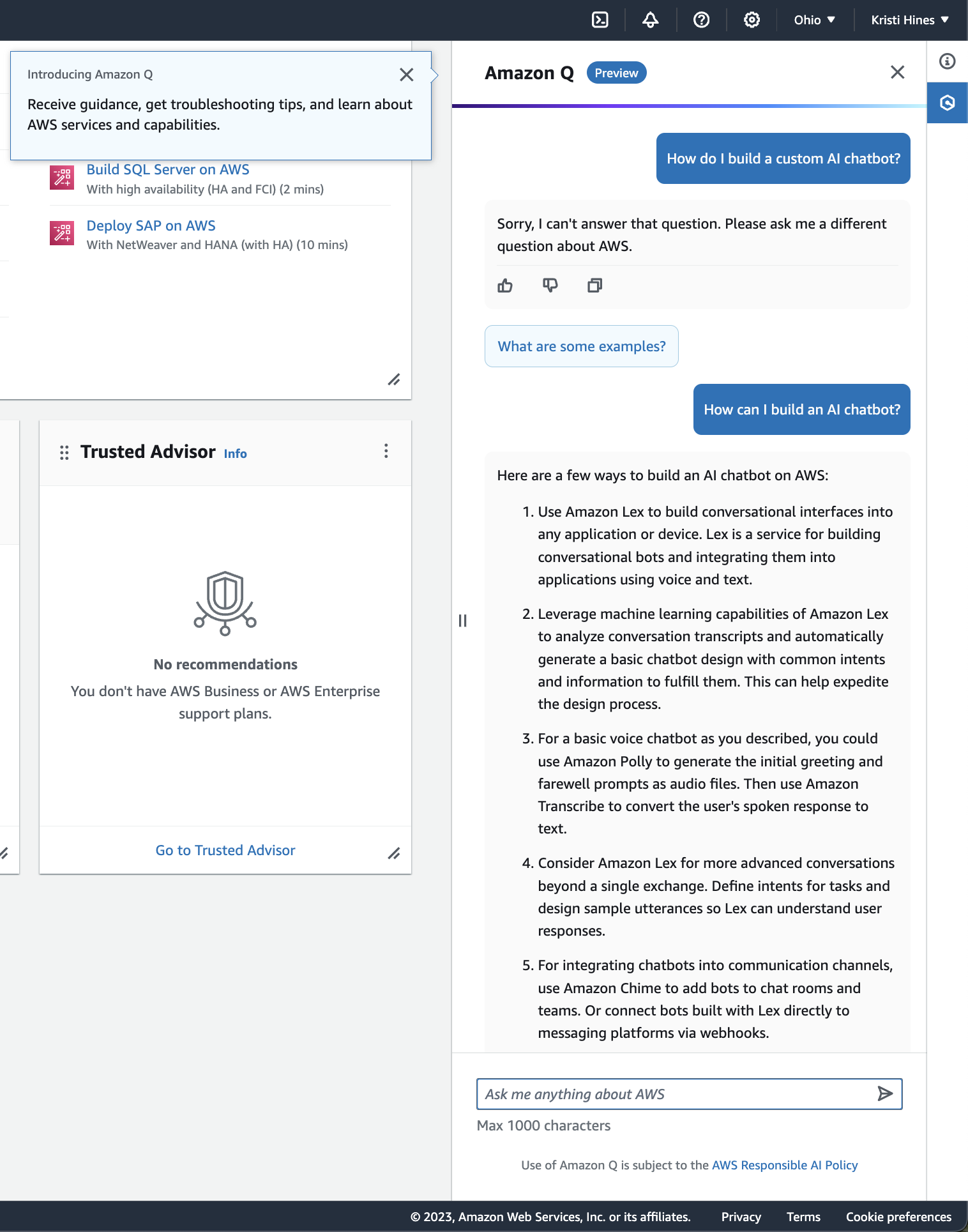 Amazon Q Preview dans AWS sur la façon de créer un chatbot IA
