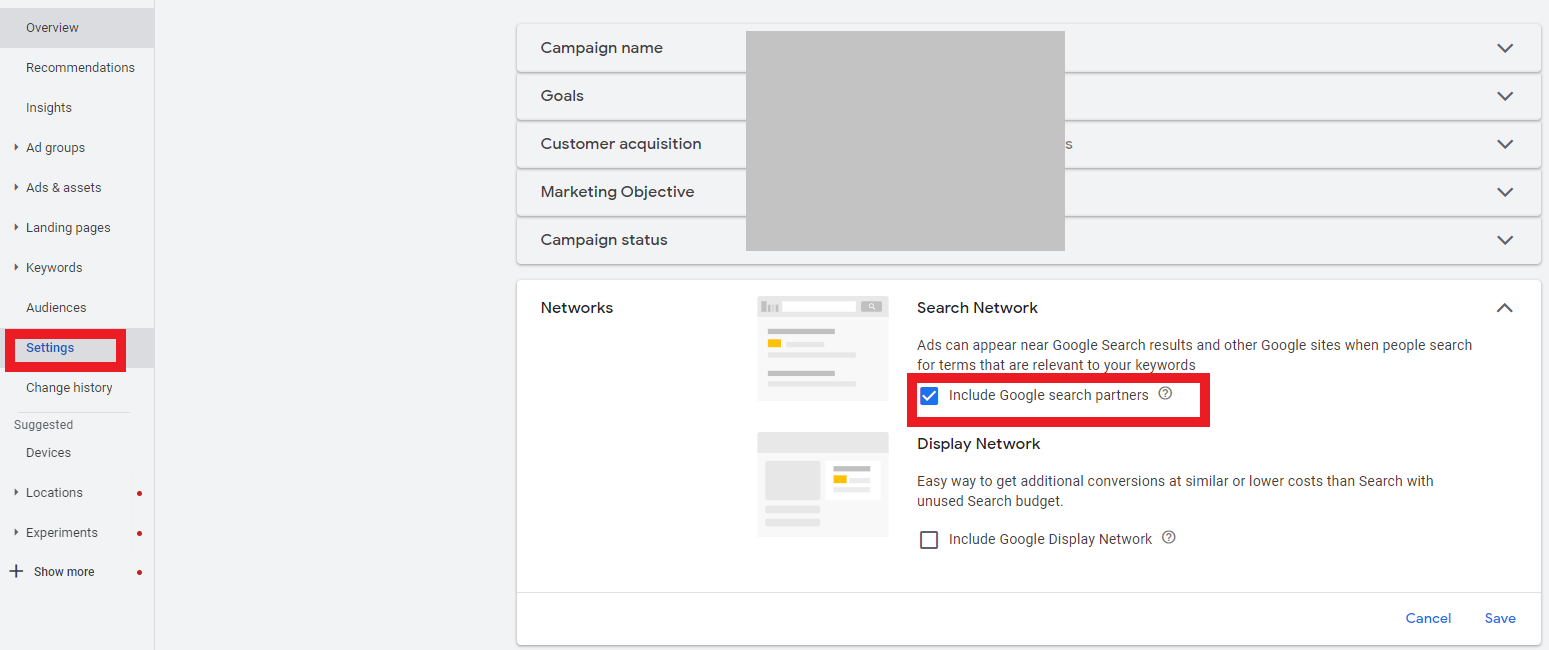 Paramètres du réseau des partenaires de recherche Google.