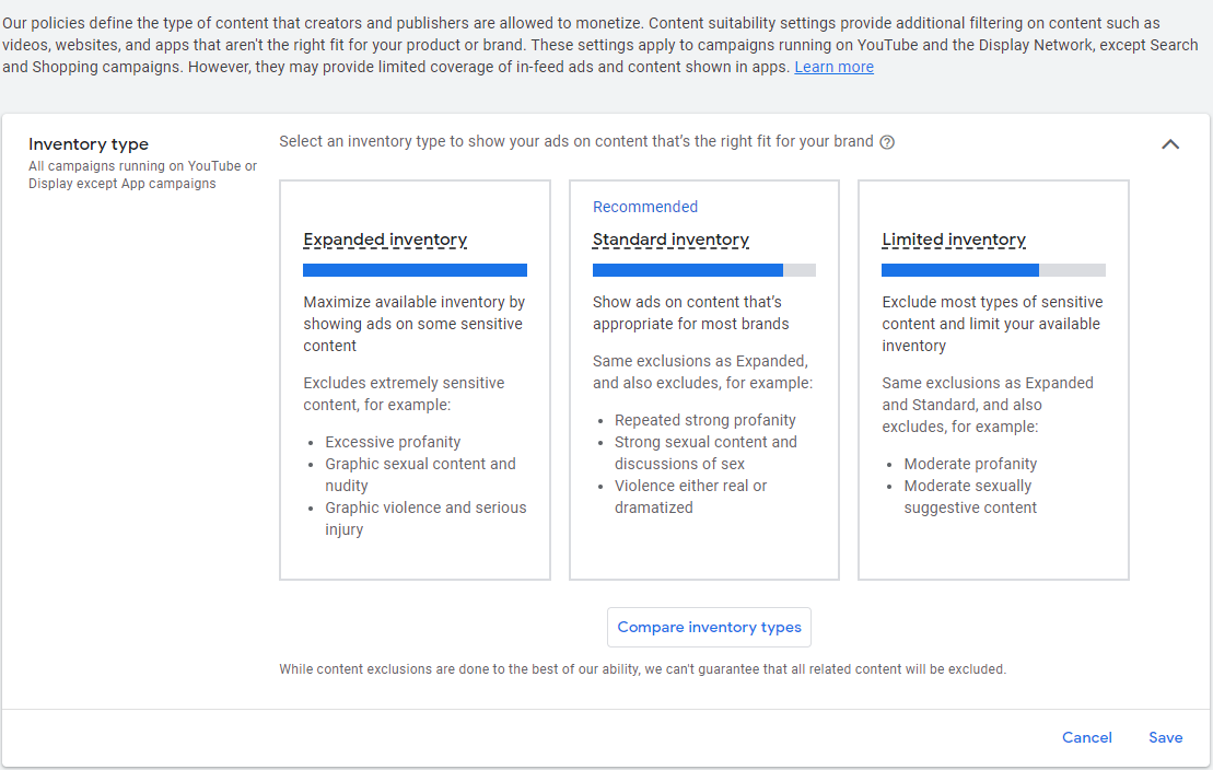 Paramètres d'adéquation du contenu Google Ads.