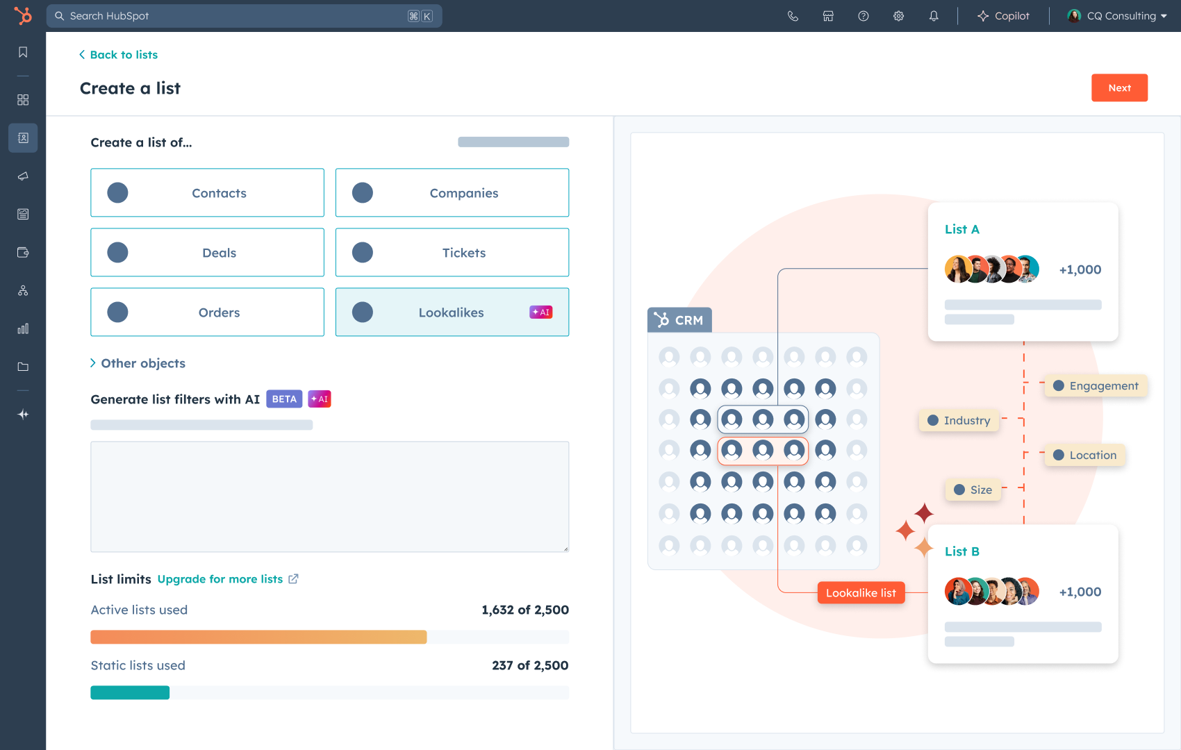 Listes de lookalike de la plate-forme de marketing HubSpot.