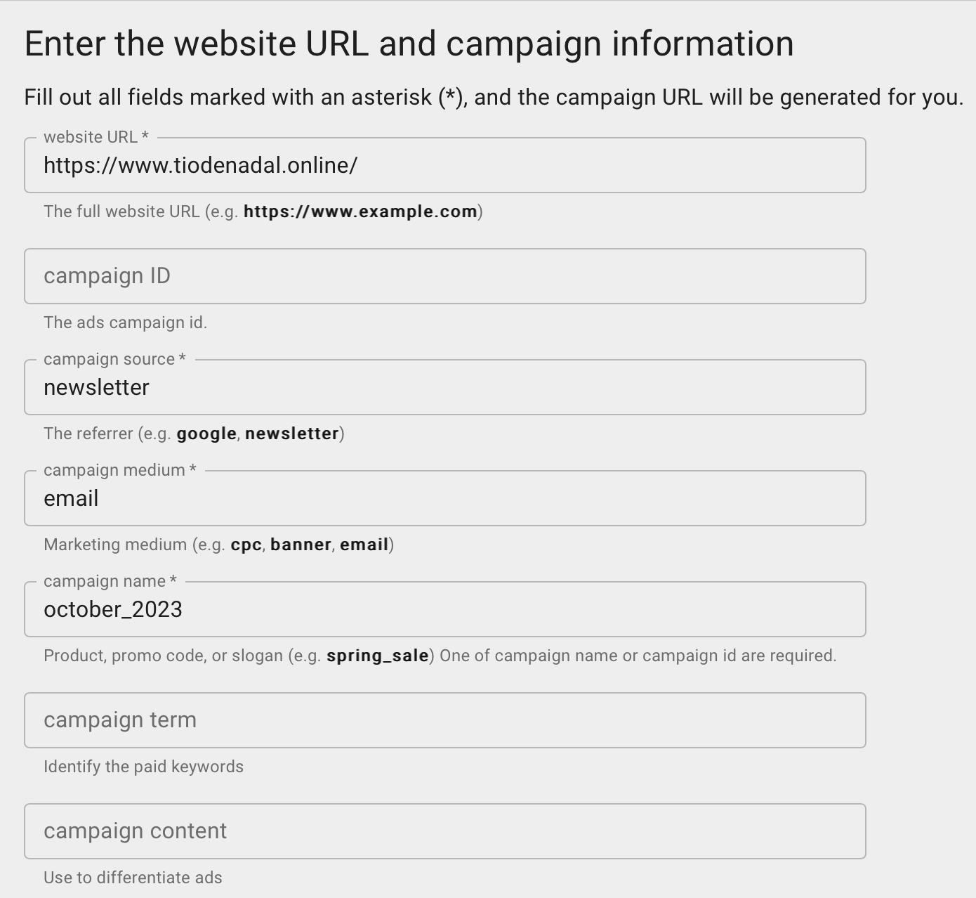Exemple de constructeur de campagnes URL