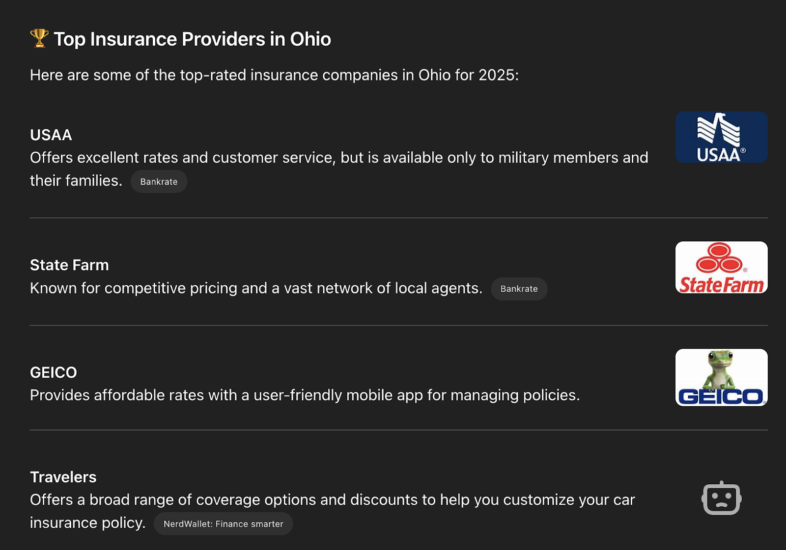 Top fournisseurs d'assurance en Ohio - Perplexity Serps