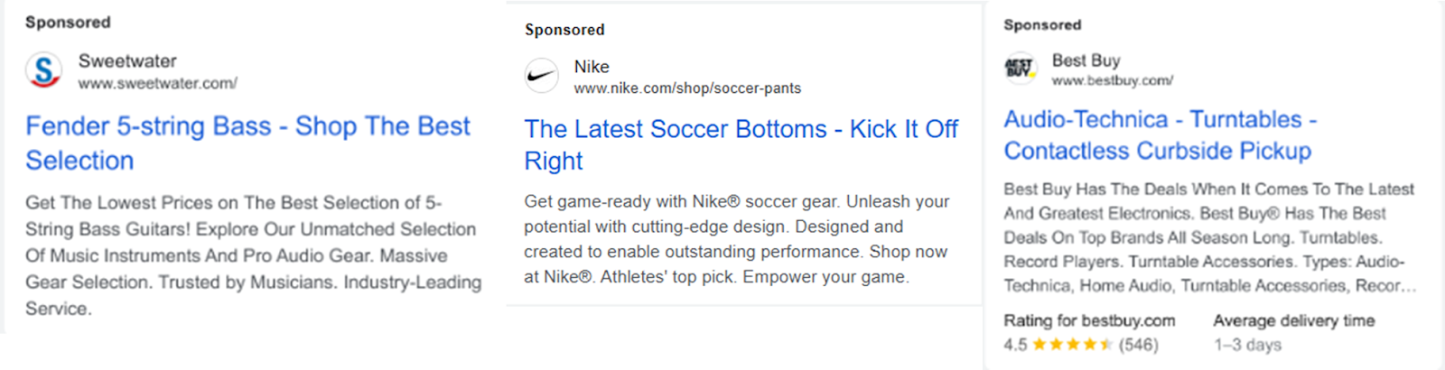 Sweetwater, Nil, Best Buy - publicités Google