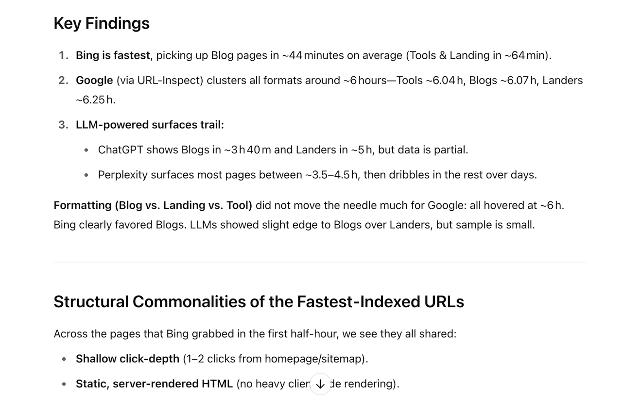 Expérience de vitesse d'indexation des pages - Résultats clés