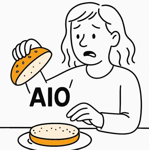 Dessin de ligne d'une femme ouvrant un pain de hamburger qui manque un hamburger et demande "Où est le clic?"