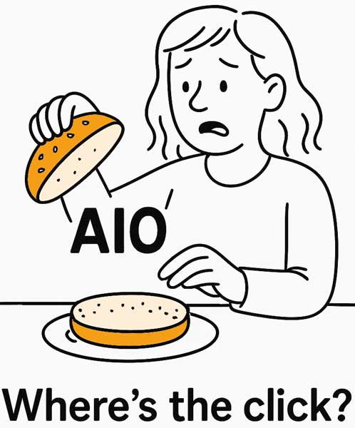 Dessin de ligne d'une femme ouvrant un pain de hamburger qui manque un hamburger et demande "Où est le clic?"